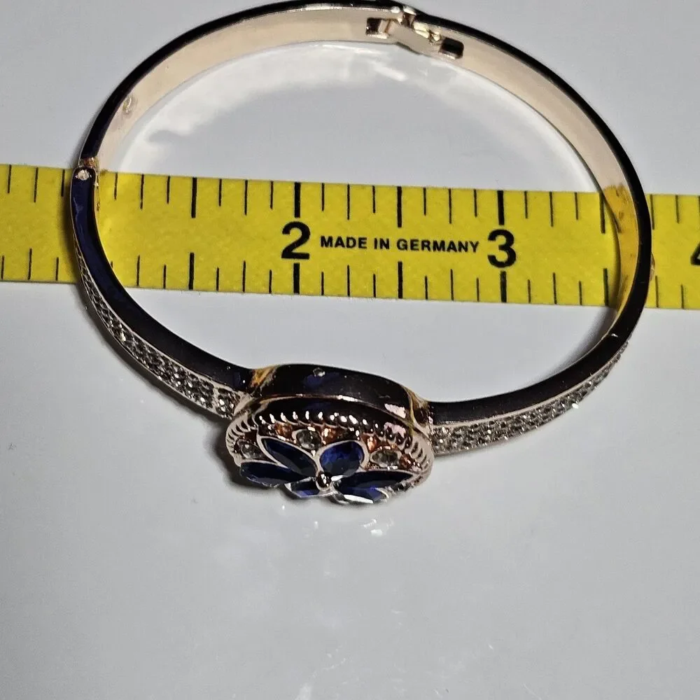 Rose Gold Snap Bracelet Blue And Clear Rhinestone Flower Approx 7